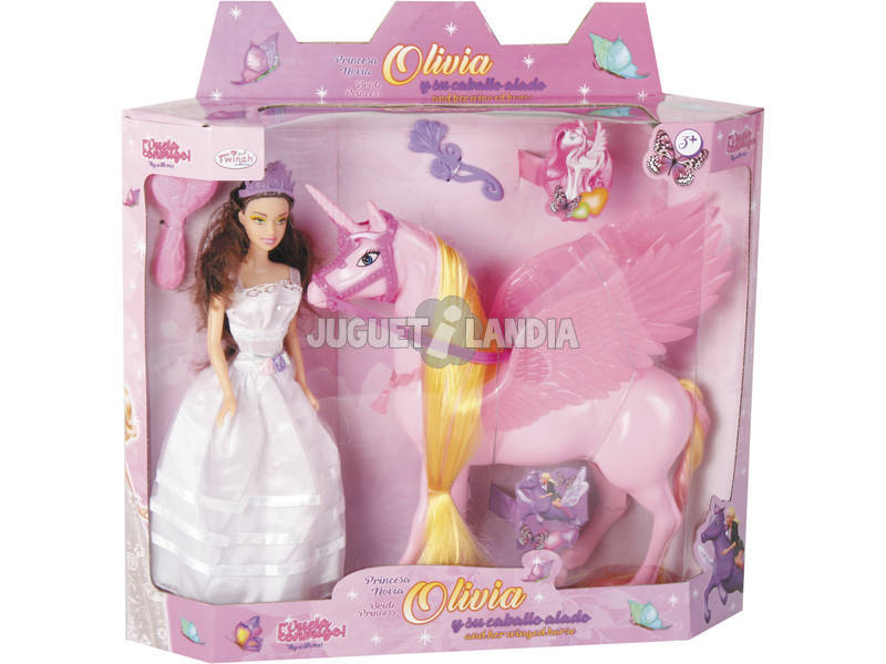 Poupée Assortiment Princesse Fiancée Olivia et sa Licorne Ailée Avec Accessoires 30 cm