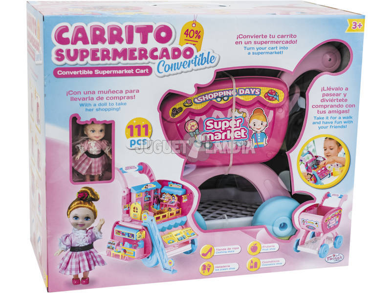 Playset Carrello Supermercato trasformabile con Bambola e accessori