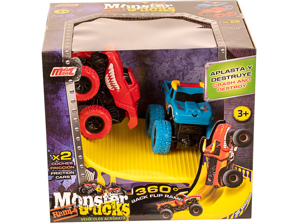  Monster Truck Véhicules Acrobates avec Rampe Bleu et Rouge