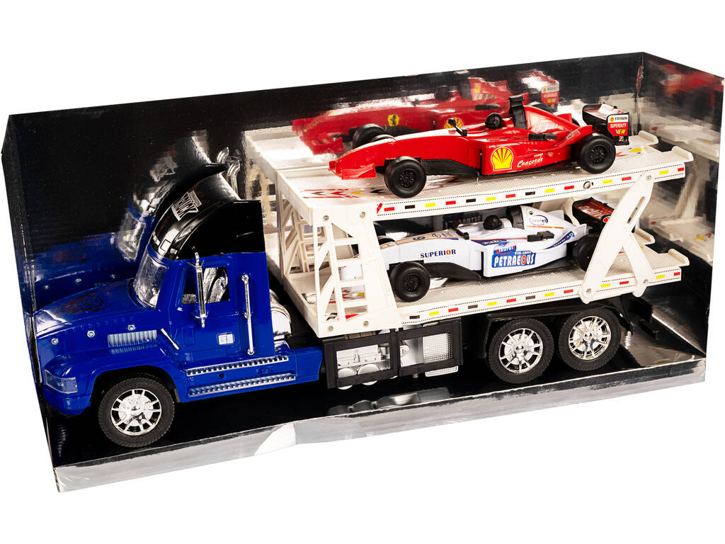 Blauer Autoträger-Truck mit 2 Formel 1