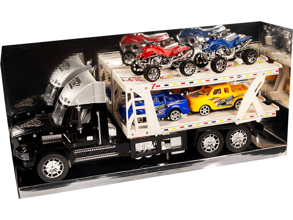 Schwarzer Autoträger-Truck mit 2 Wagen und 2 Quad