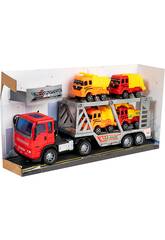 Camion de Friction Rouge 29 cm. Porte-véhicules avec 4 Véhicules de Construction