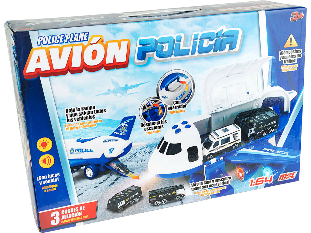 Avión Policía Maleta Porta Coches con 3 Vehículos y Accesorios