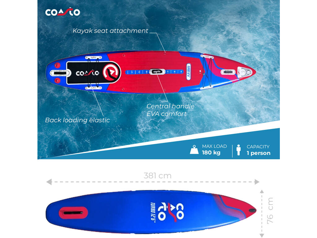 Tavola da Paddle Surf gonfiabile Coasto Turbo da 381x76x15 cm