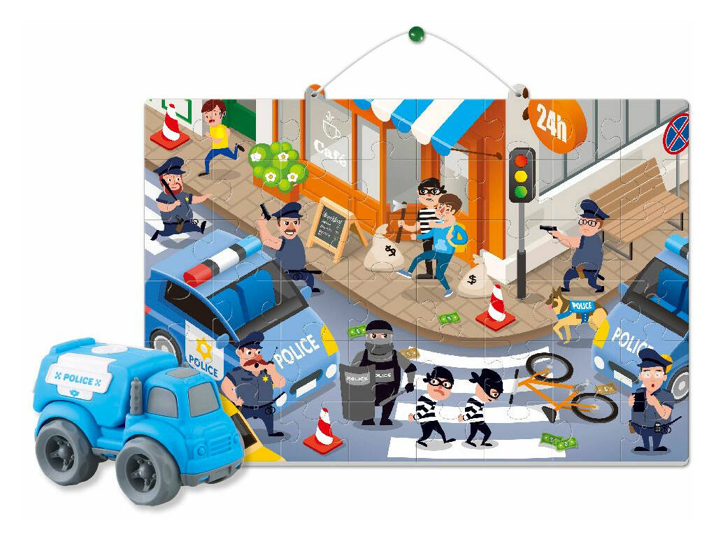 Puzzle Coloreable Policía con Vehículo Fricción