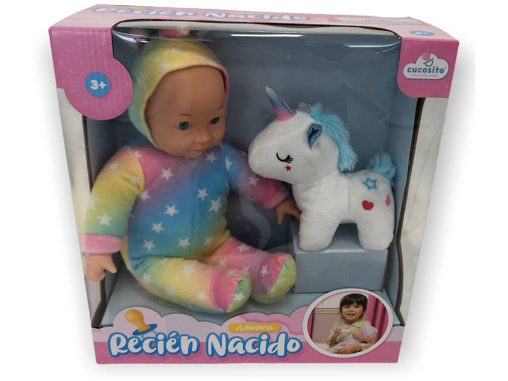 Boneca Bebé 33 cm. Pijama Arcoíris com Unicórnio Branco
