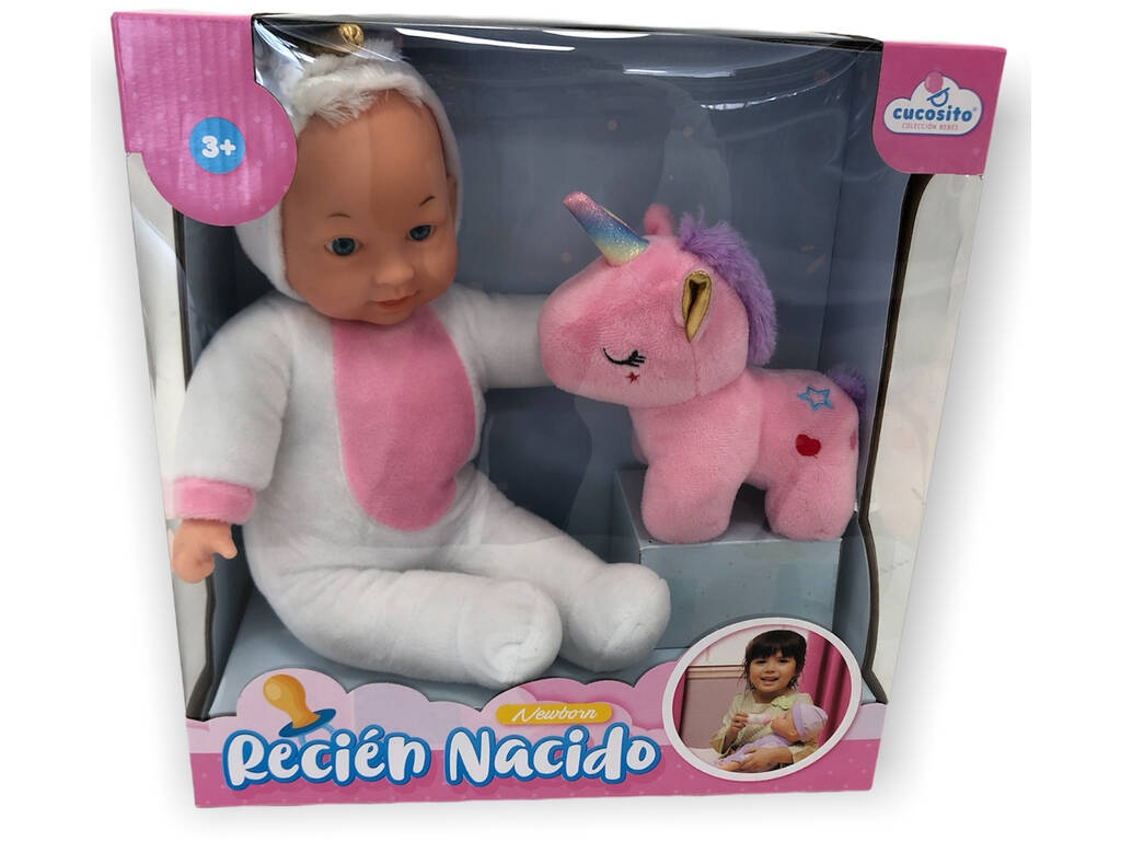 Bambola Bebè 33 cm. Pigiama bianco con unicorno rosa