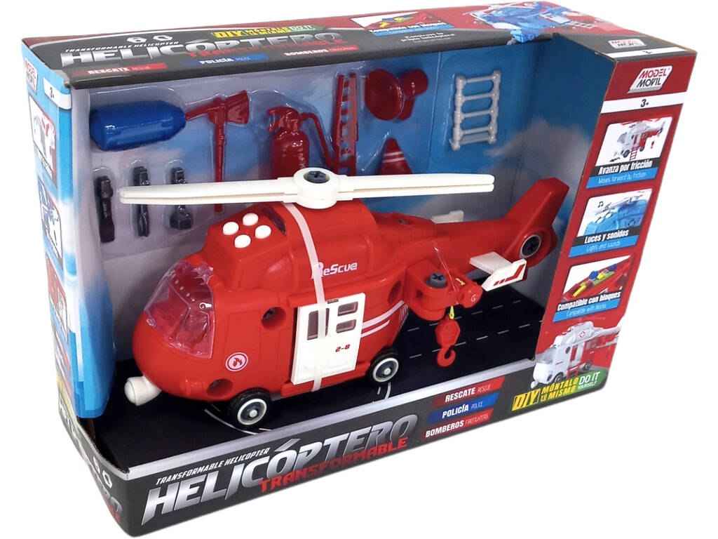 Helicóptero de Bombeiros Transformável com Luzes e Sons