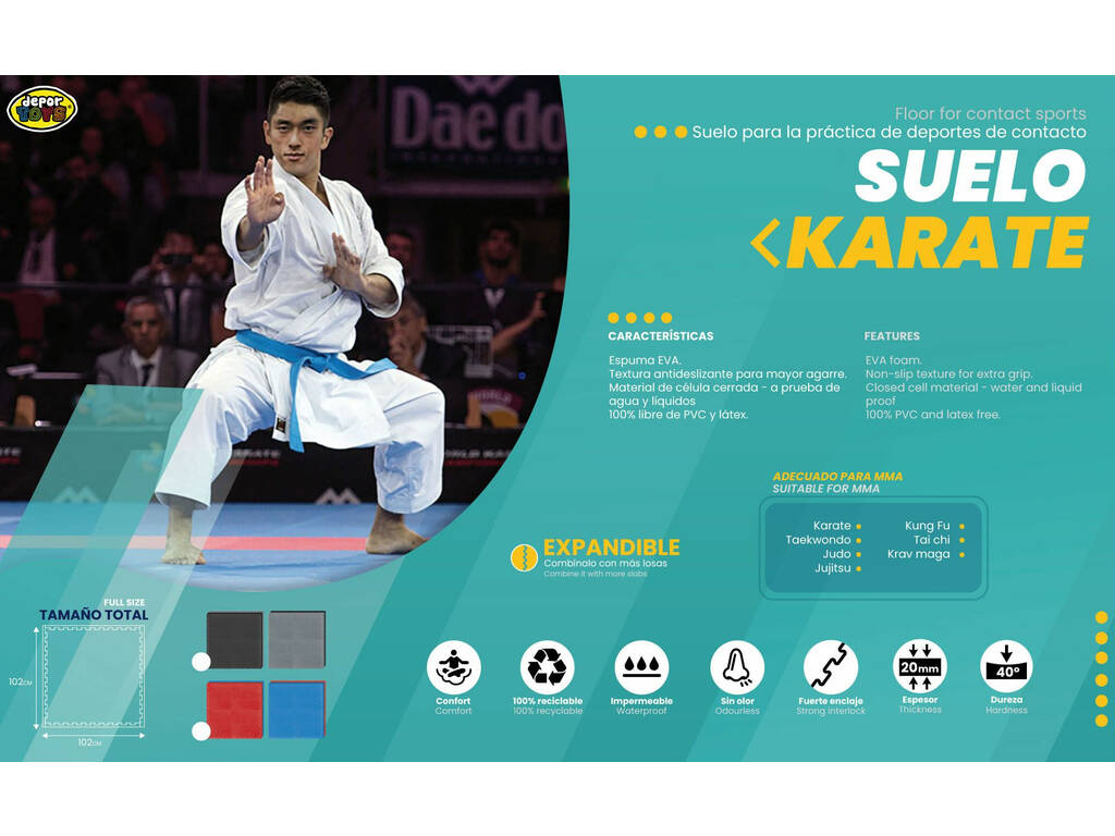 Losa Suelo Karate 102x102x2 cm Negro y Gris Dureza 40°
