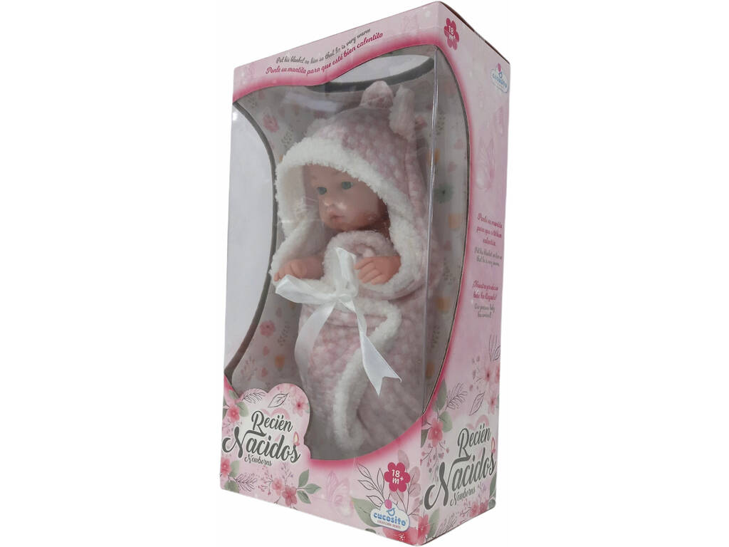 Poupée bébé 28 cm avec couverture rose