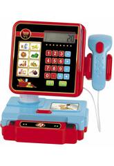 Caisse enregistreuse bleue et rouge avec calculatrice et scanner