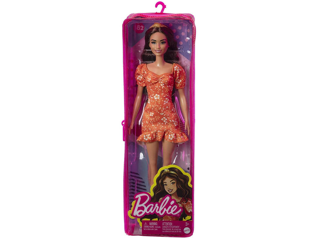 Barbie Fashionista Vestido Blanco y Naranja Floral Mattel HBV16