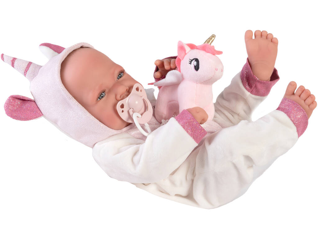 Neugeborene Puppe mit Einhörnkostüm 42 cm. Antonio Juan 50268