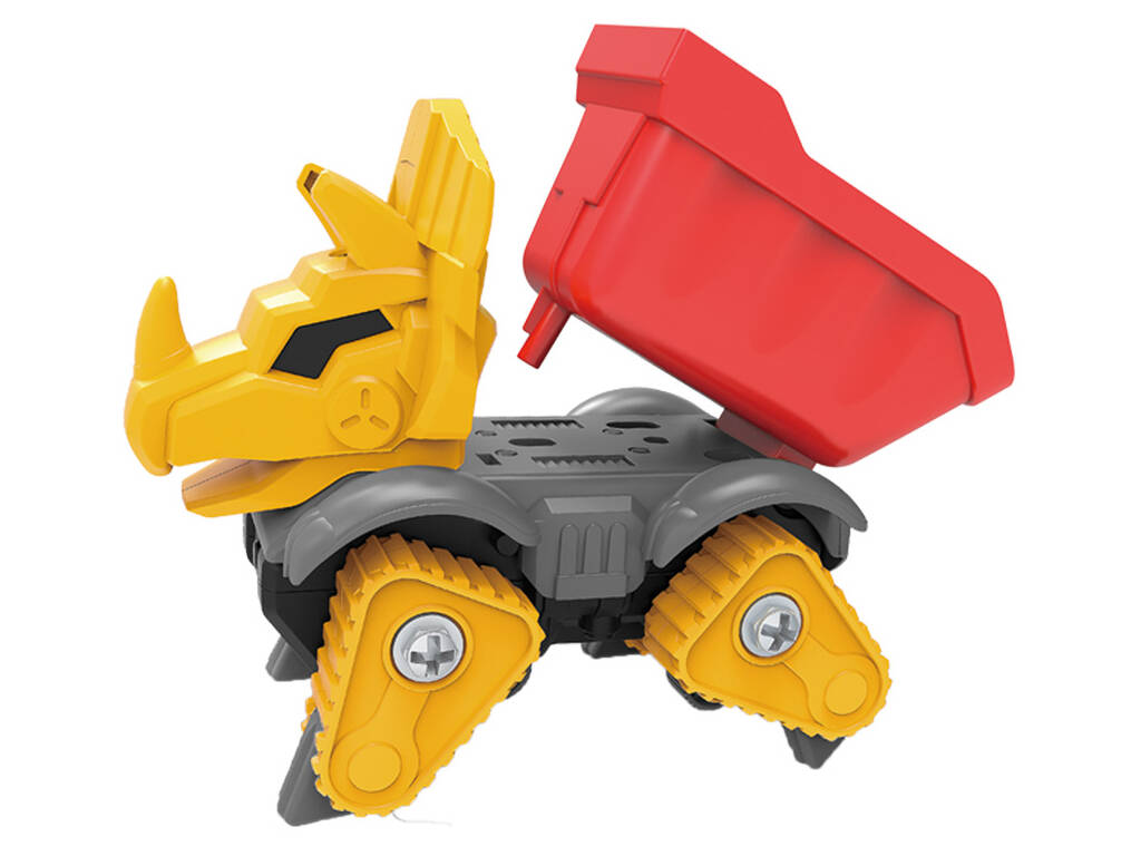 Assemblez votre camion-benne Dino rouge, jaune et gris avec des outils