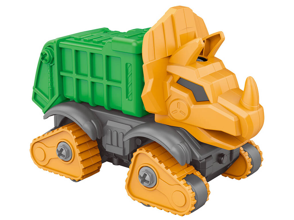 Assemblez votre camion-poubelle Dino vert, jaune et gris avec des outils.