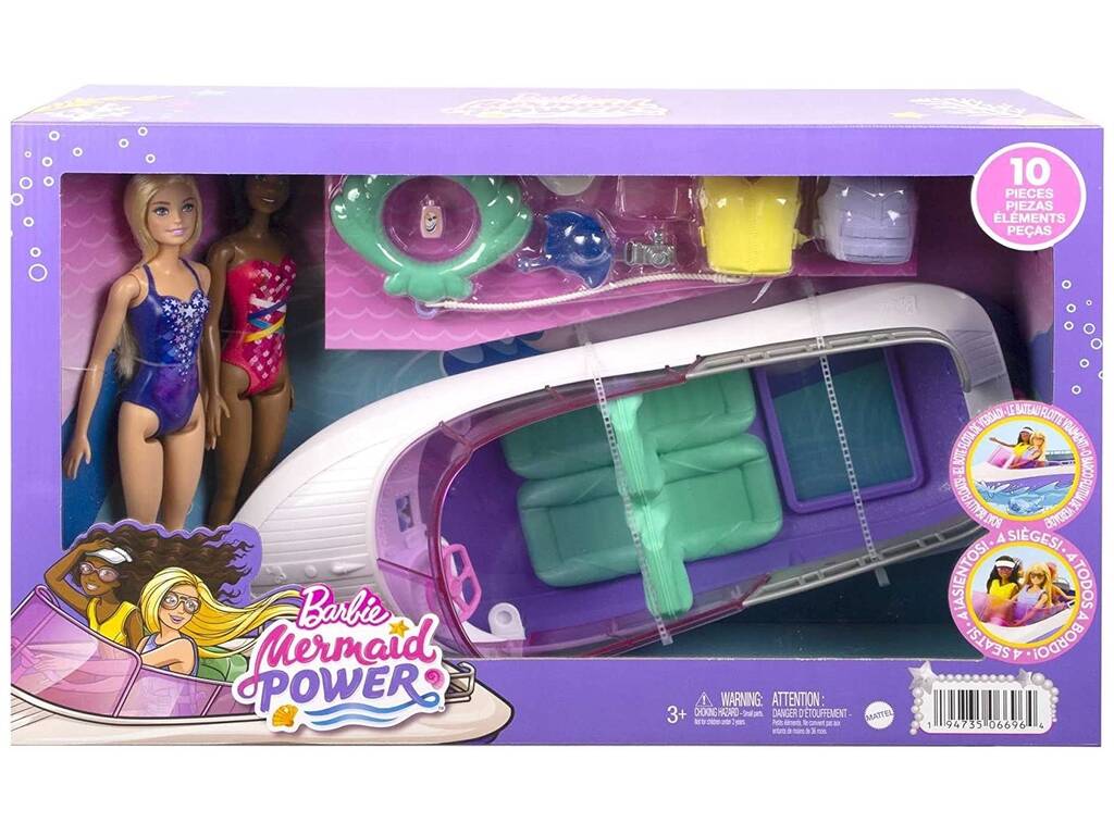 Bateau à moteur Barbie Mermaid avec poupées Mattel HHG60