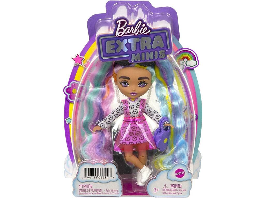 Barbie Extra Mini Bambola Vestito Margherite e Codini Arcobaleno Mattel HHF82