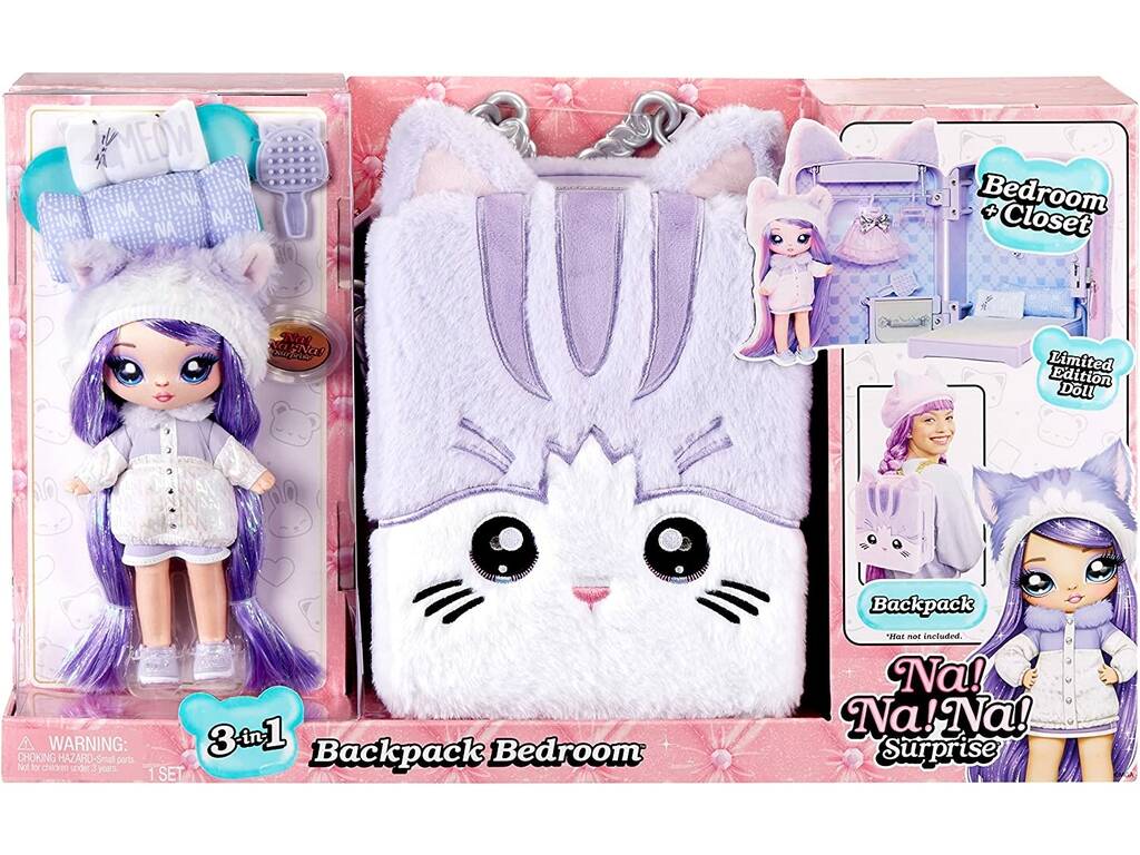 Na! Na! Na! Surprise 3 em 1 Backpack Bedroom com Boneca Lavender Kitty MGA 585572
