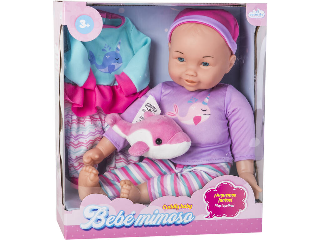 Set Bambola Bebé 35 cm. con Costume e Peluche Delfino