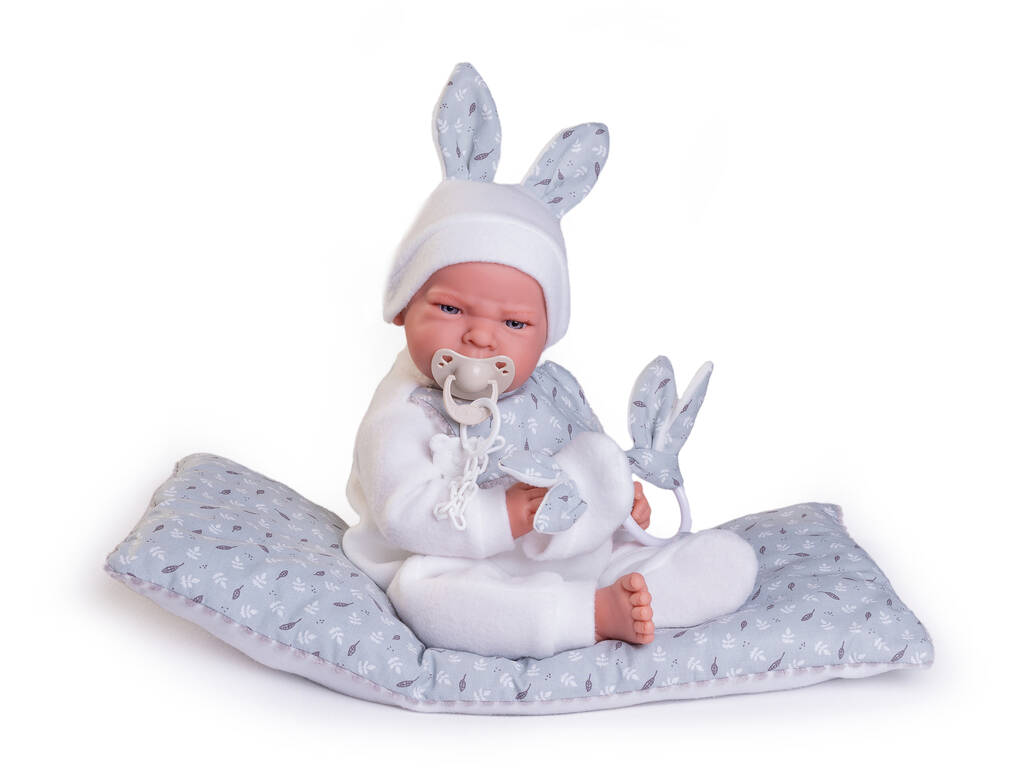 Bambola neonata Leo Coniglietto con cuscino 42 cm. Peso reale Antonio Juan 33356