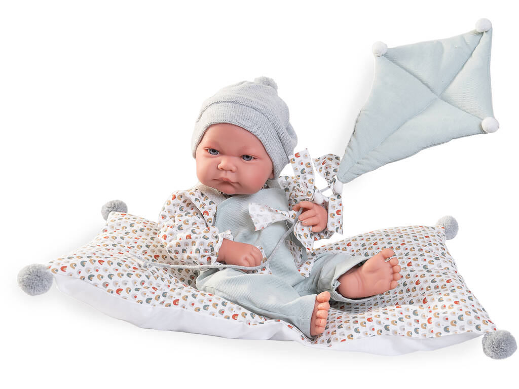 Poupée Nico nouveau-né avec cerf-volant et coussin 42 cm par Antonio Juan 50394