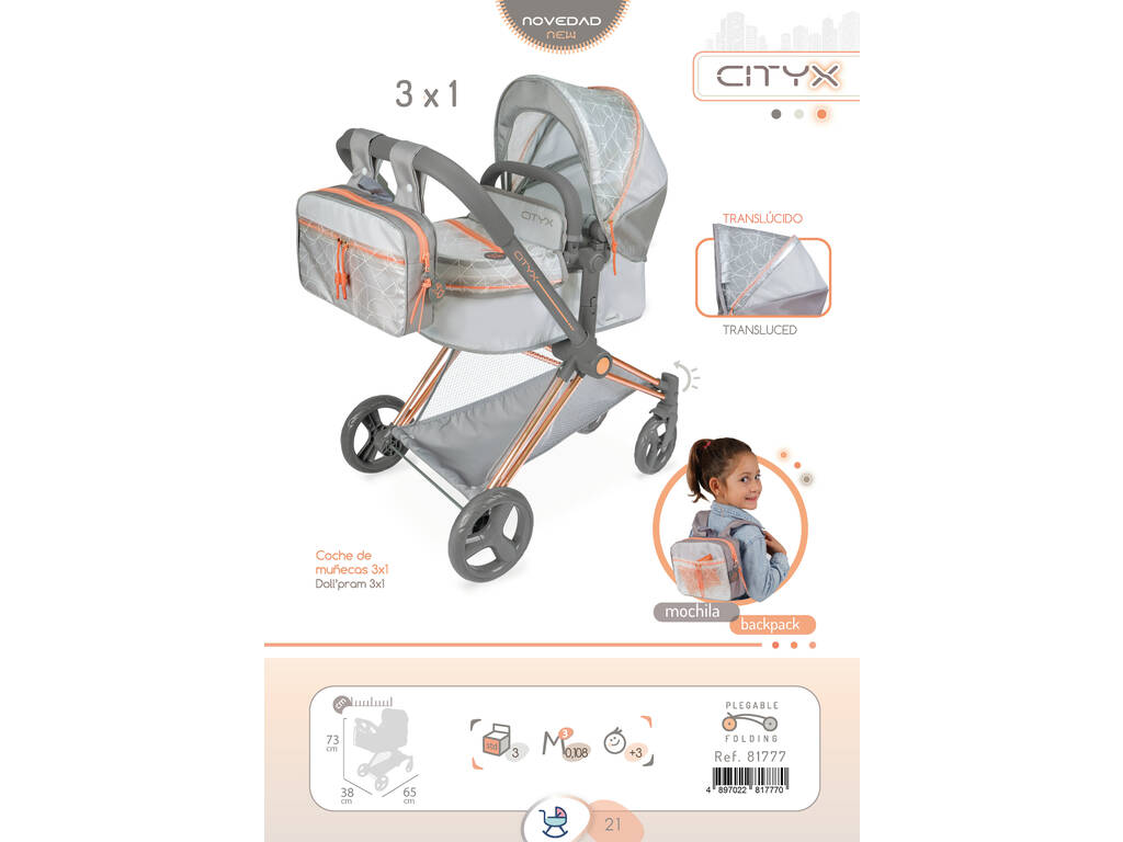 Cityx DeCuevas 81777 Zusammenklappbarer 3-in-1-Puppenwagen