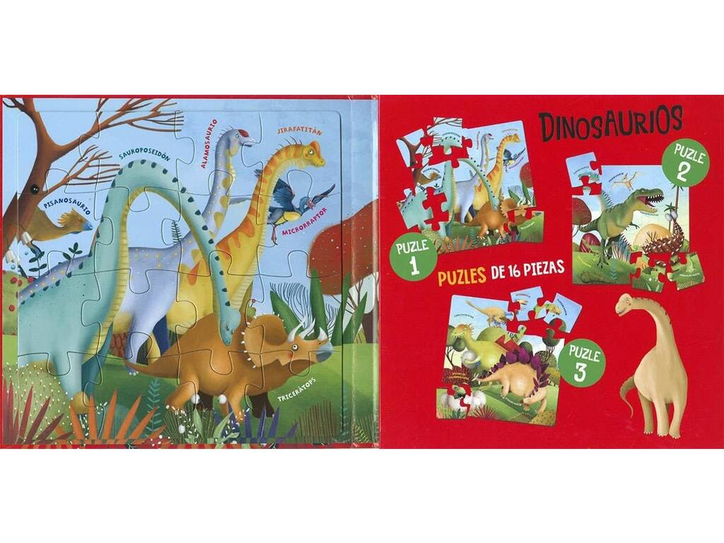 Livre puzzle magnétique Dinosaures avec 3 puzzles de 16 pièces
