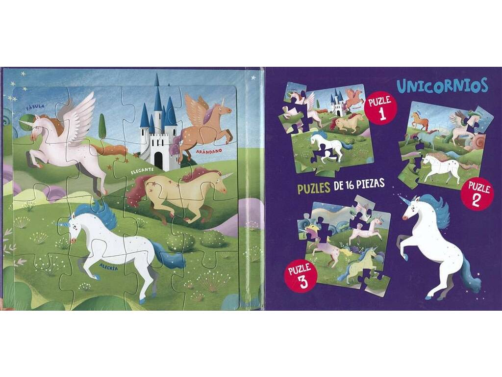 Livre de puzzles magnétiques Licornes avec 3 puzzles de 16 pièces