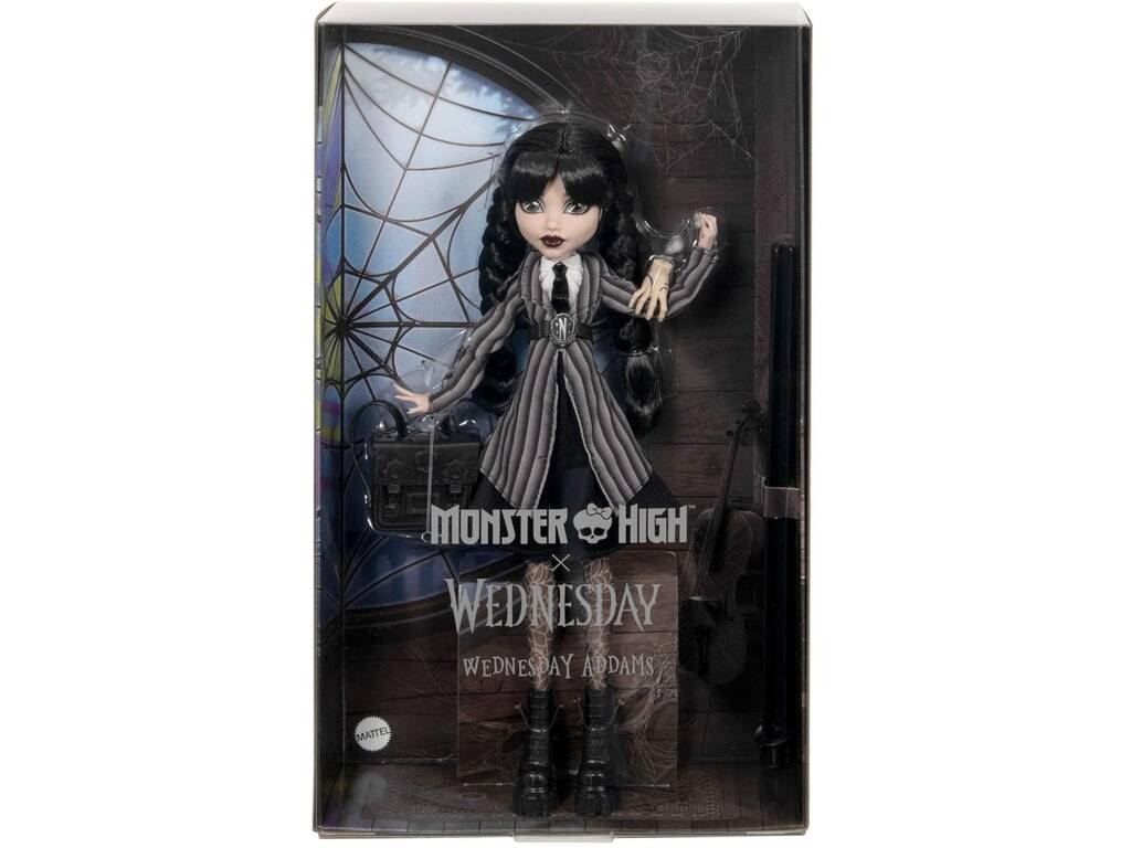 Monster High Wednesday Muñeca Miércoles Addams con Uniforme y Cosa