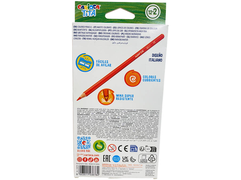 Carioca Tita Pack 12+2 crayons de couleur brillants
