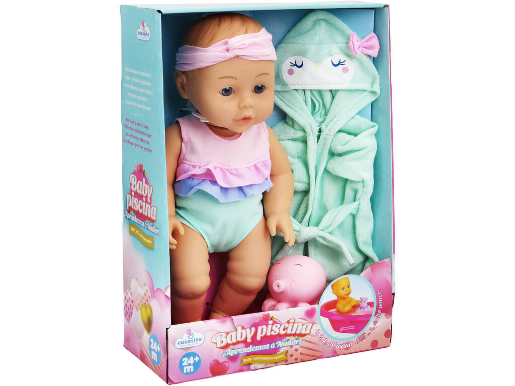 Boneca Bebé Baby Piscina de 30 cm com Roupão Verde e Brinquedo de Banho