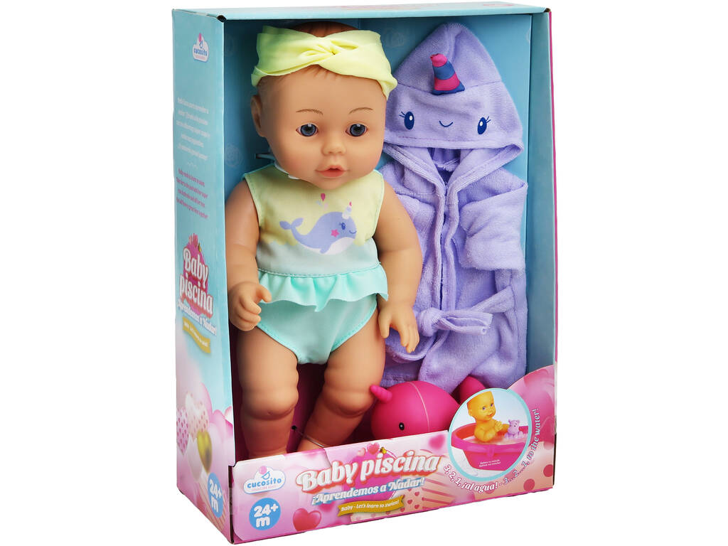 Muñeca Bebé Baby Piscina de 30 cm con Albornoz Violeta y Juguete de Baño