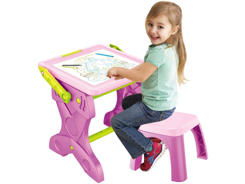 Bureau rose 2-en-1 avec lumière LED et tabouret