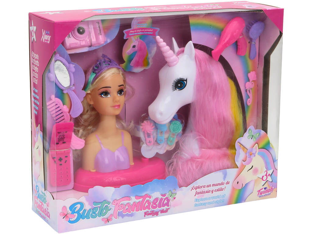 Busto fantasia bambola e unicorni bianchi con accessori