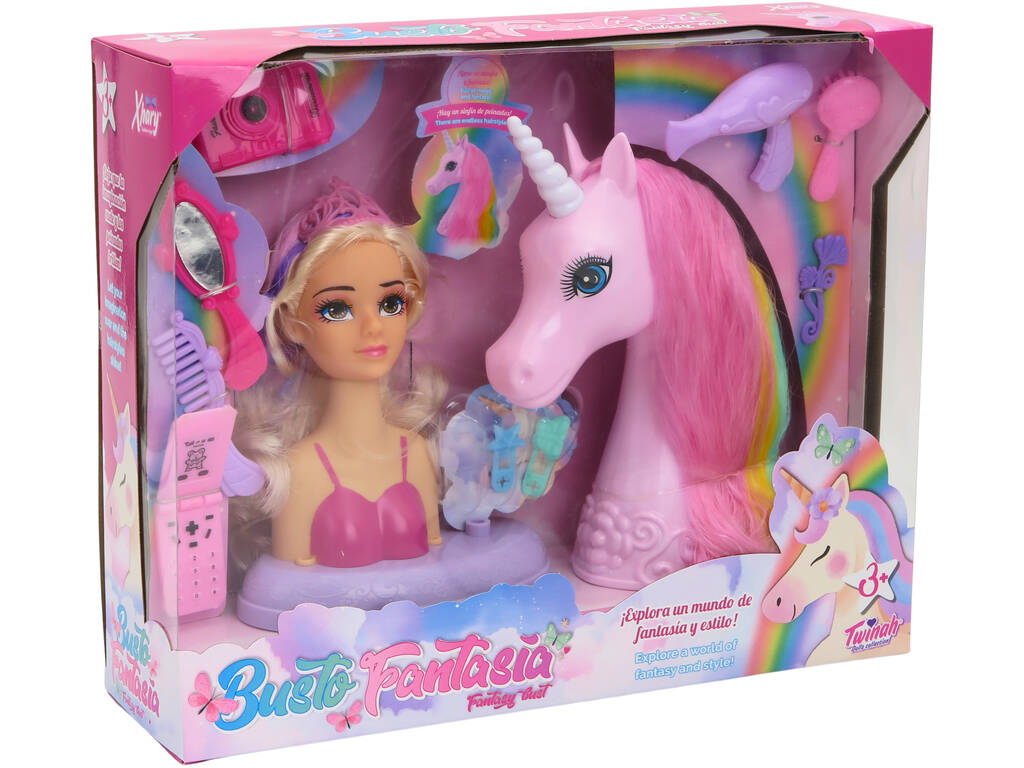 Busto fantasia bambola e unicorni rosa con accessori