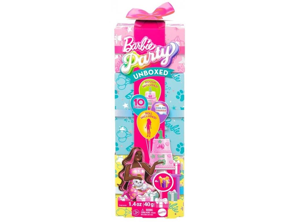 Poupée brune Barbie Party Unboxed avec surprises