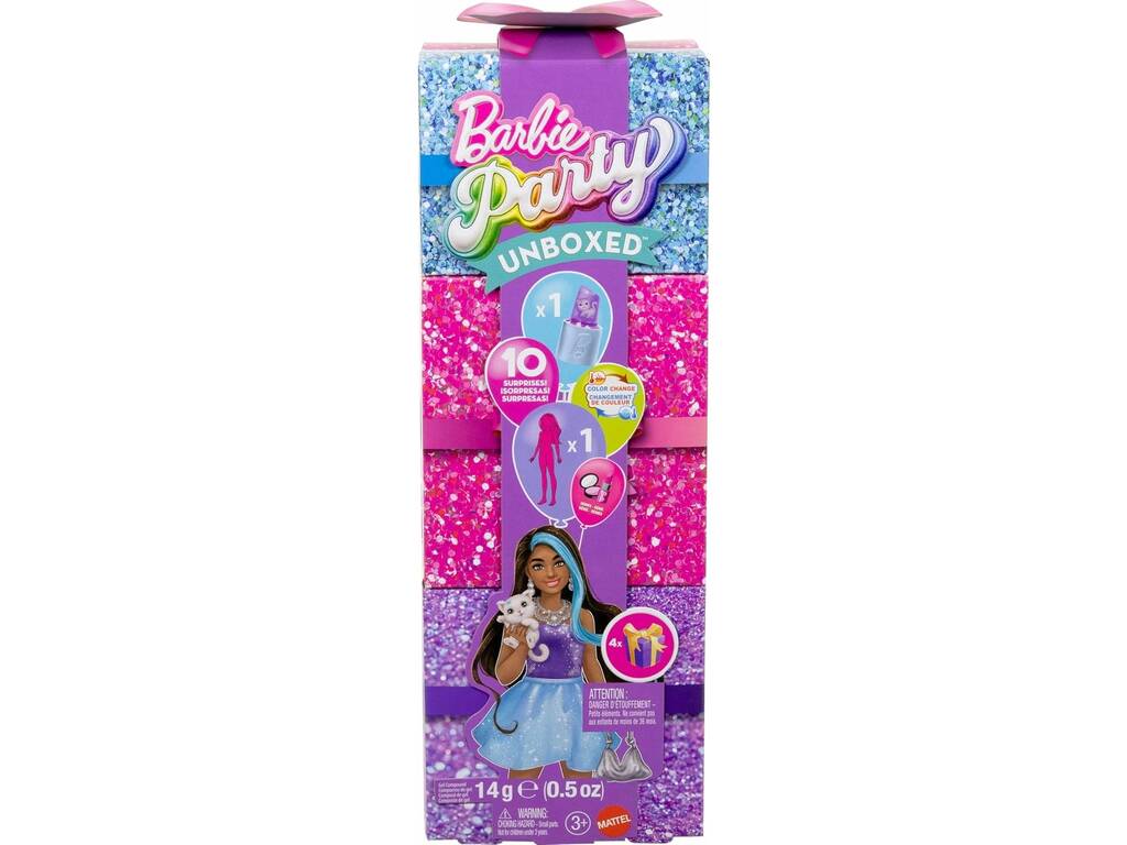 Barbie Party Unboxed Poupée avec palette violette et 10 surprises