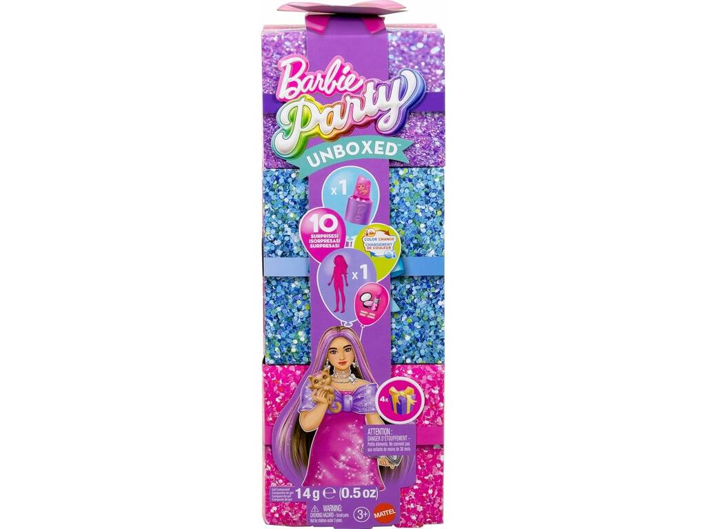 Barbie Party Unboxed Poupée avec palette rose et 10 surprises