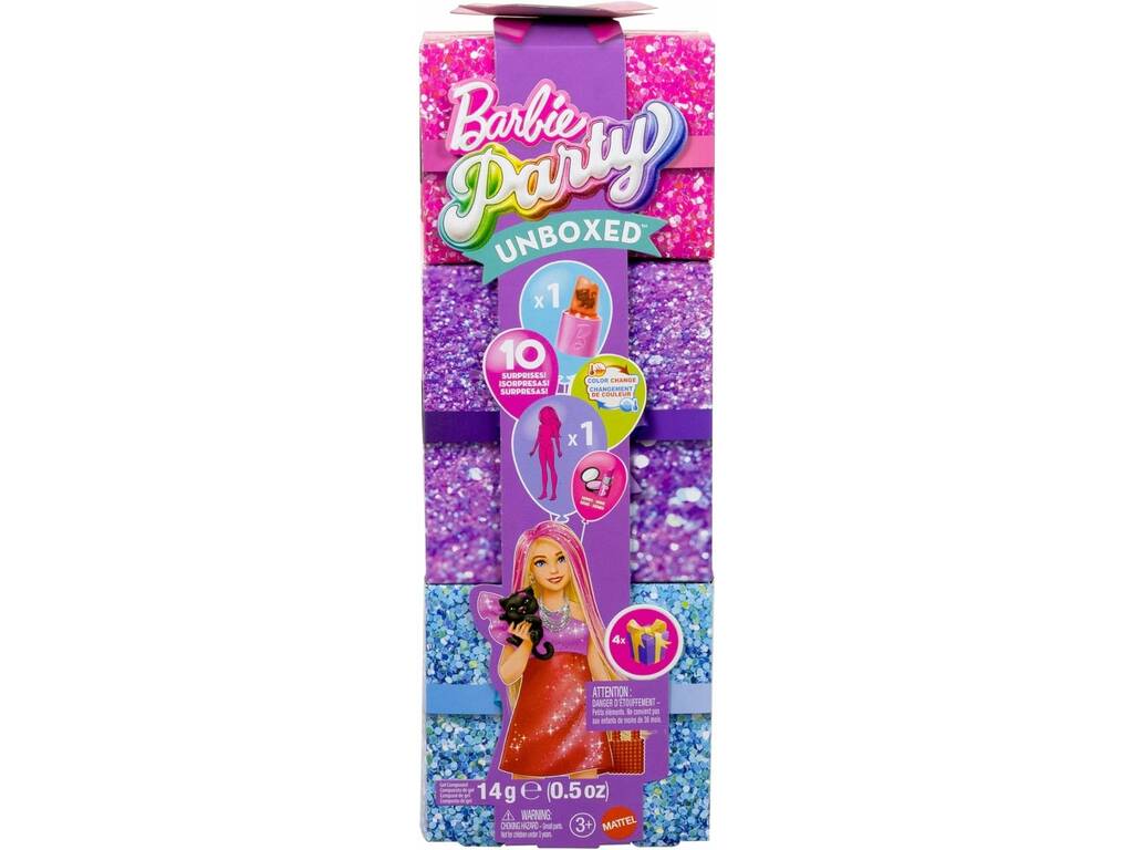 Barbie Party Unboxed Poupée avec palette rouge et 10 surprises
