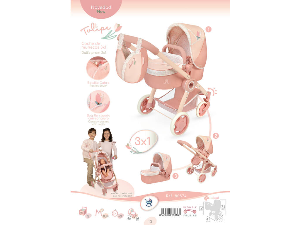 Coche De Muñeca Tulipe 3x1 Plegable Con Bolso