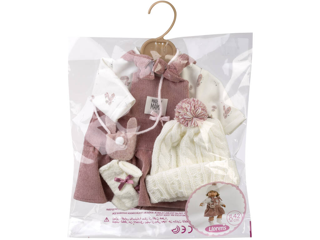 Ensemble poupée 42 cm avec salopette rose, bonnet et chaussons