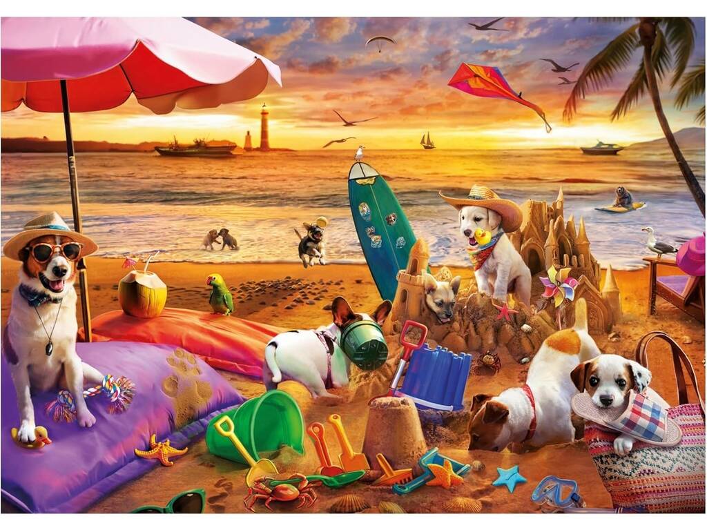 Puzzle 1000 chiens jouant sur la plage