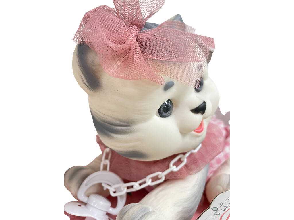 Weiße und graue Kätzchenpuppe 23 cm mit rosa-weißem Kleid