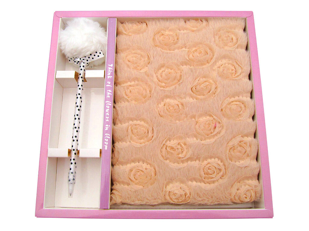 Pack Carnet Peluche A5 Fleurs Beige avec 80 Pages et Stylo Bleu avec Pompon de 22 cm