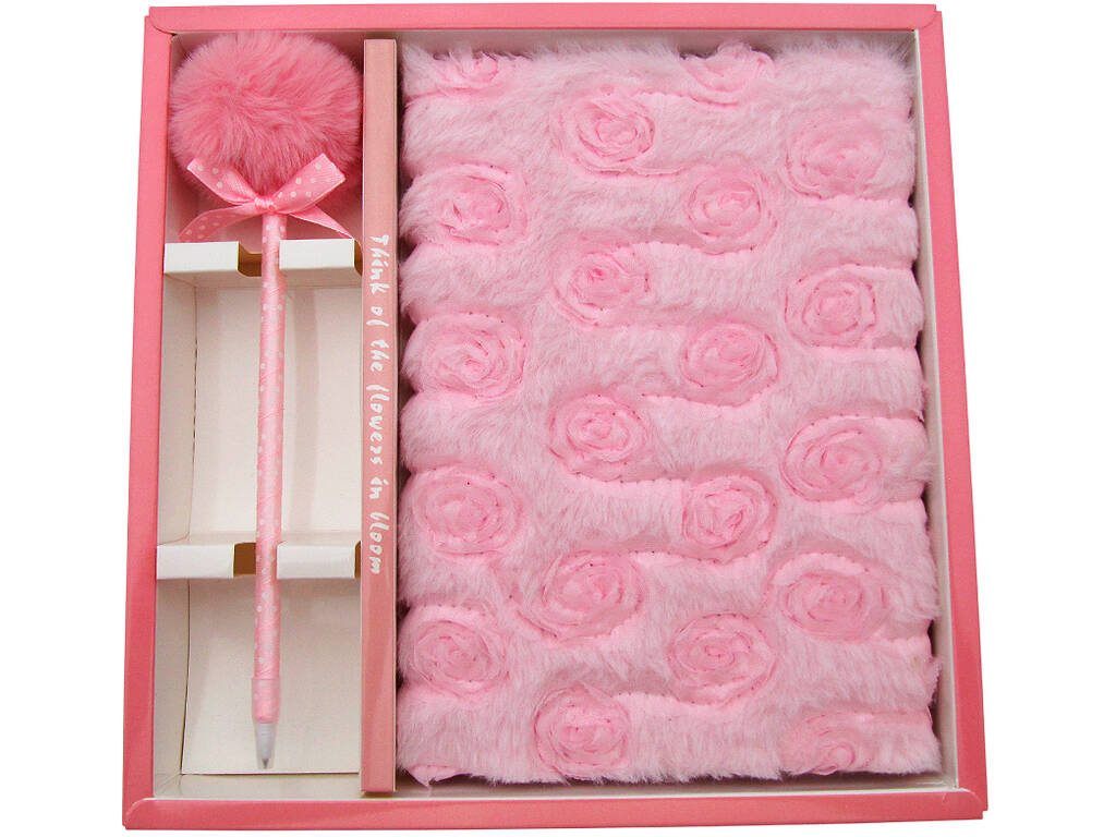 Pack Carnet Peluche A5 Fleurs Rose avec 80 Pages et Stylo Bleu avec Pompon de 22 cm