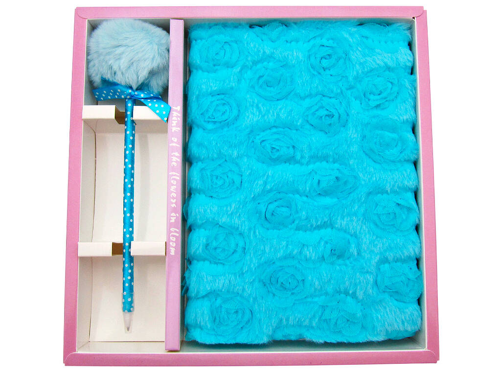 Pack Carnet Peluche A5 Fleurs Bleu avec 80 Pages et Stylo Bleu avec Pompon de 22 cm