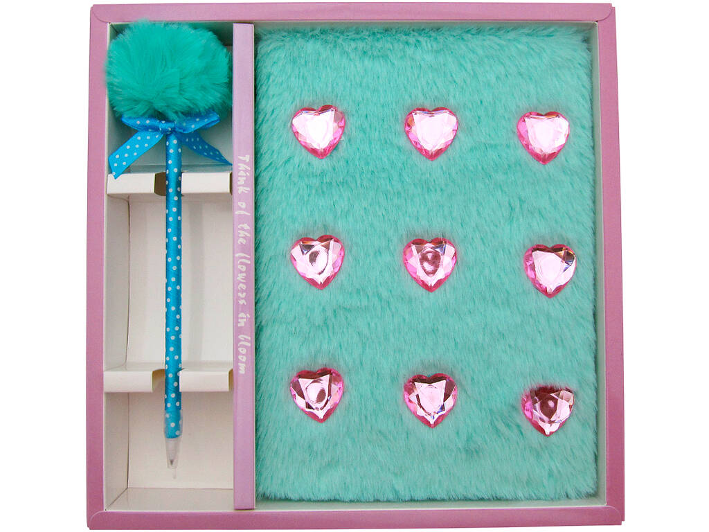 Pack Carnet Peluche A5 Cœurs Bleus avec 80 Pages et Stylo Bleu à Pompon de 22 cm