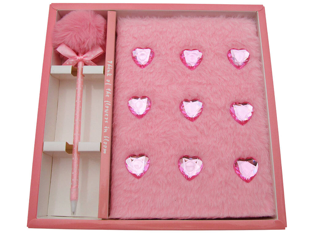 Pack Carnet Peluche A5 Cœurs Rose avec 80 Pages et Stylo Bleu avec Pompon de 22 cm