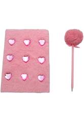 Pack Carnet Peluche A5 Cœurs Rose avec 80 Pages et Stylo Bleu avec Pompon de 22 cm