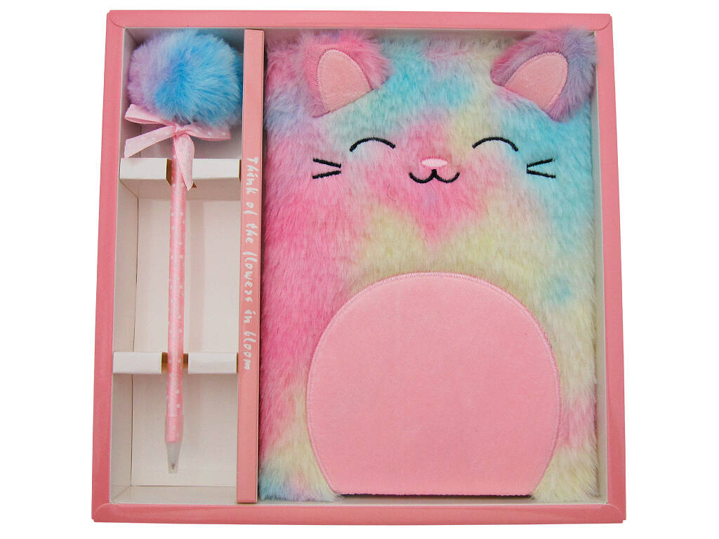 Pack Carnet Peluche A5 Chat Rose avec 80 Pages et Stylo Bleu avec Pompon de 22 cm